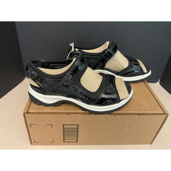New! Womens ECCO Yucatan Black Patent Sport Sandals. Size 38-US 7-7.5. Awesome! - Picture 1 of 7